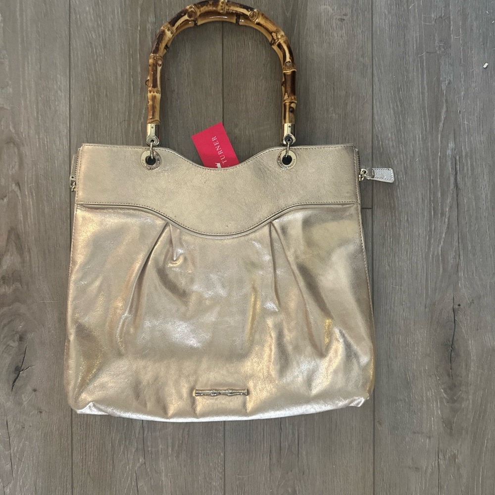 NWT ELAINE TURNER Metallic Bronze Copper Leather Bamboo‎ Straps Purse $350 *read